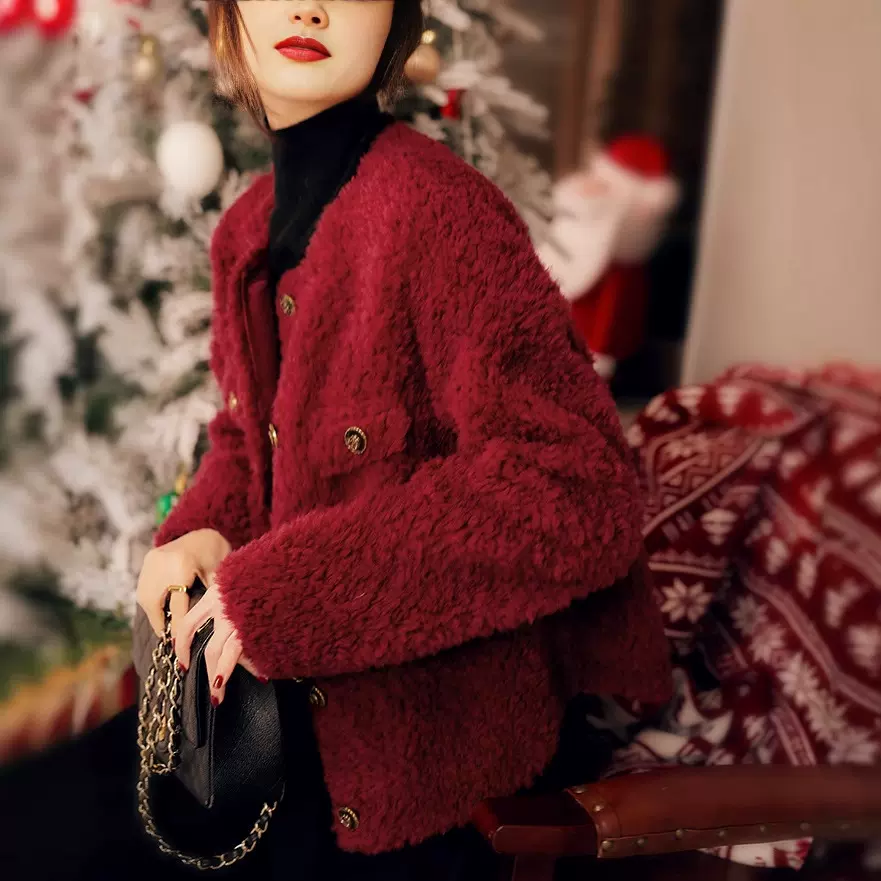 100%羊毛颗粒羊剪绒皮草女冬新款小香风短款羊羔毛外套厂家批发