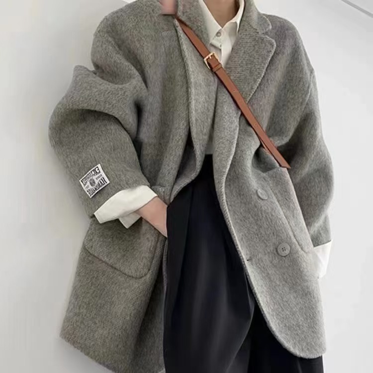 秋冬新作韓国風スモールスーツウールコート厚手ヘリンボーンカジュアル女性用両面ウールコート|undefined