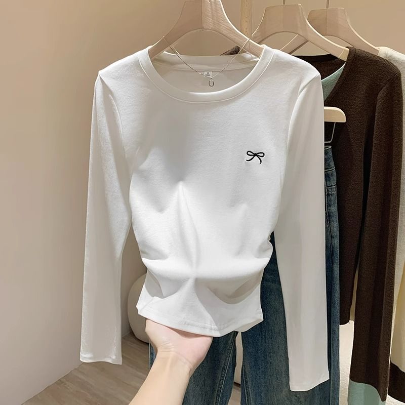韓国版インカジュアル秋薄いホットガールスリム長袖Tシャツレディーススリムホットガールラウンドネックボトリングシャツトップ|undefined