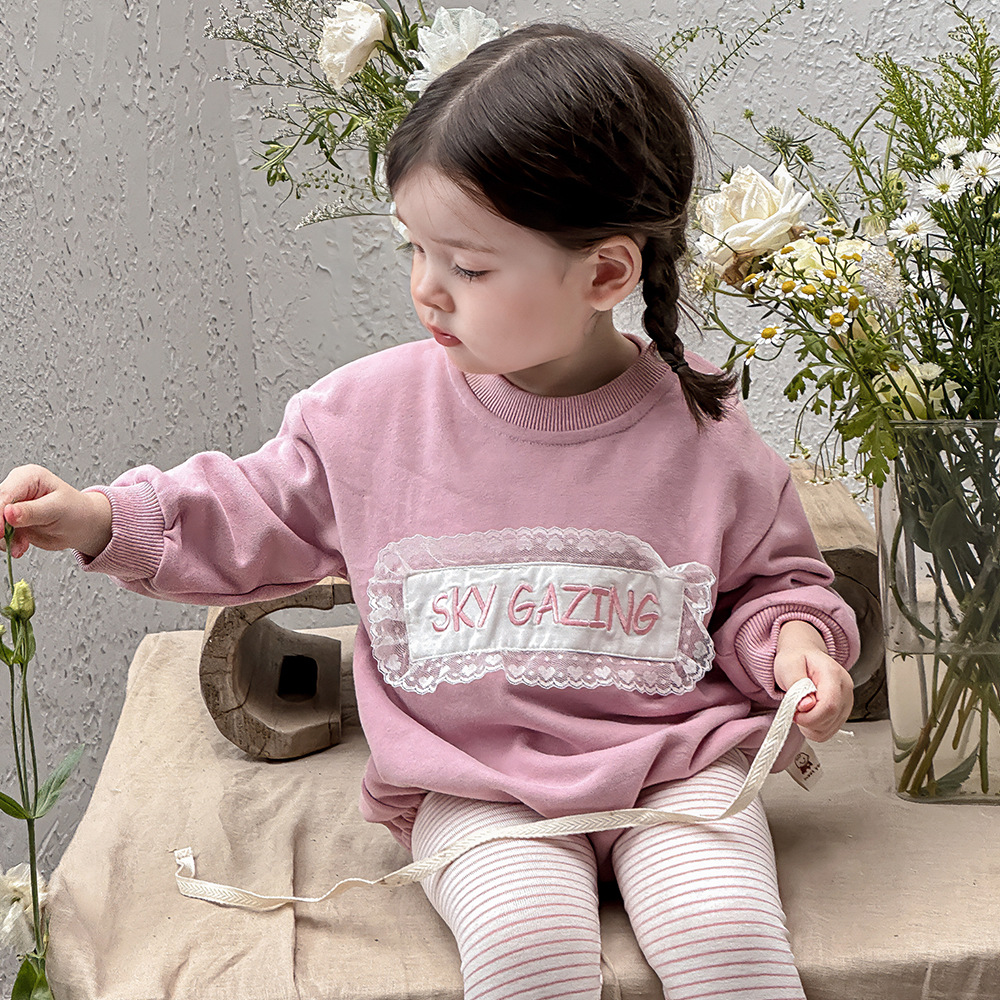 Ropa para niños coreanos, niñas, ropa de una pieza de encaje de estilo occidental, mameluco suelto, ropa de salida, ropa de manga larga para bebés femeninos