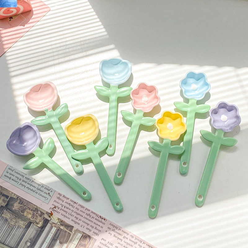 Ins Style Tulip Flower Ceramic Household Soup Cute Girly Dessert Coffee Spoon_voghion.com