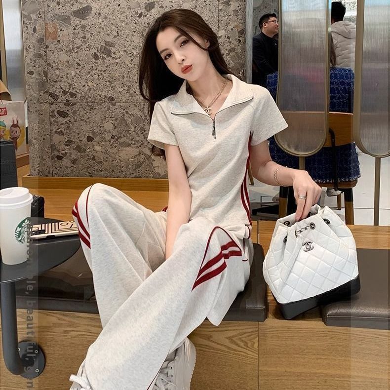 女性のためのファッショナブルなスーツ夏の新しい韓国スタイルの西洋スタイルの年齢を減らすポロカラートップカジュアルスポーツワイドレッグパンツ 2 点セット|undefined