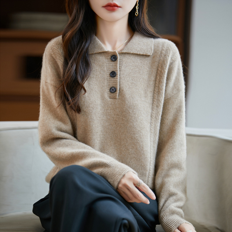 100%纯羊毛2025秋冬新女宽松POLO翻领纯色短款打底上衣针织衫毛衣|undefined