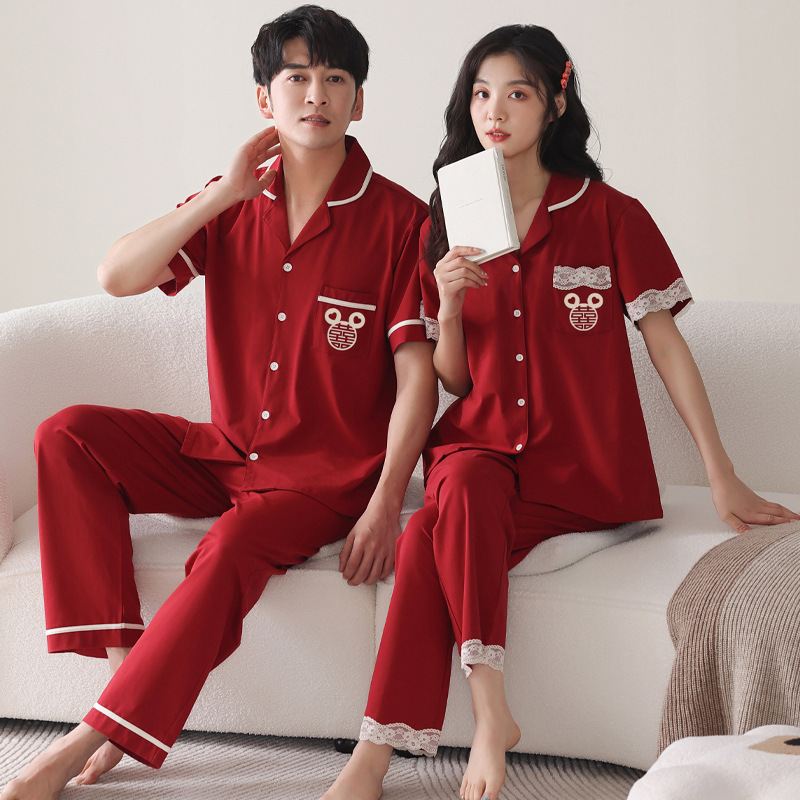 라이크라 커플 잠옷 남자의 봄과 가을 순면 반팔 바지 여름 결혼식 붉은 가족 년 홈 의류 여성 세트