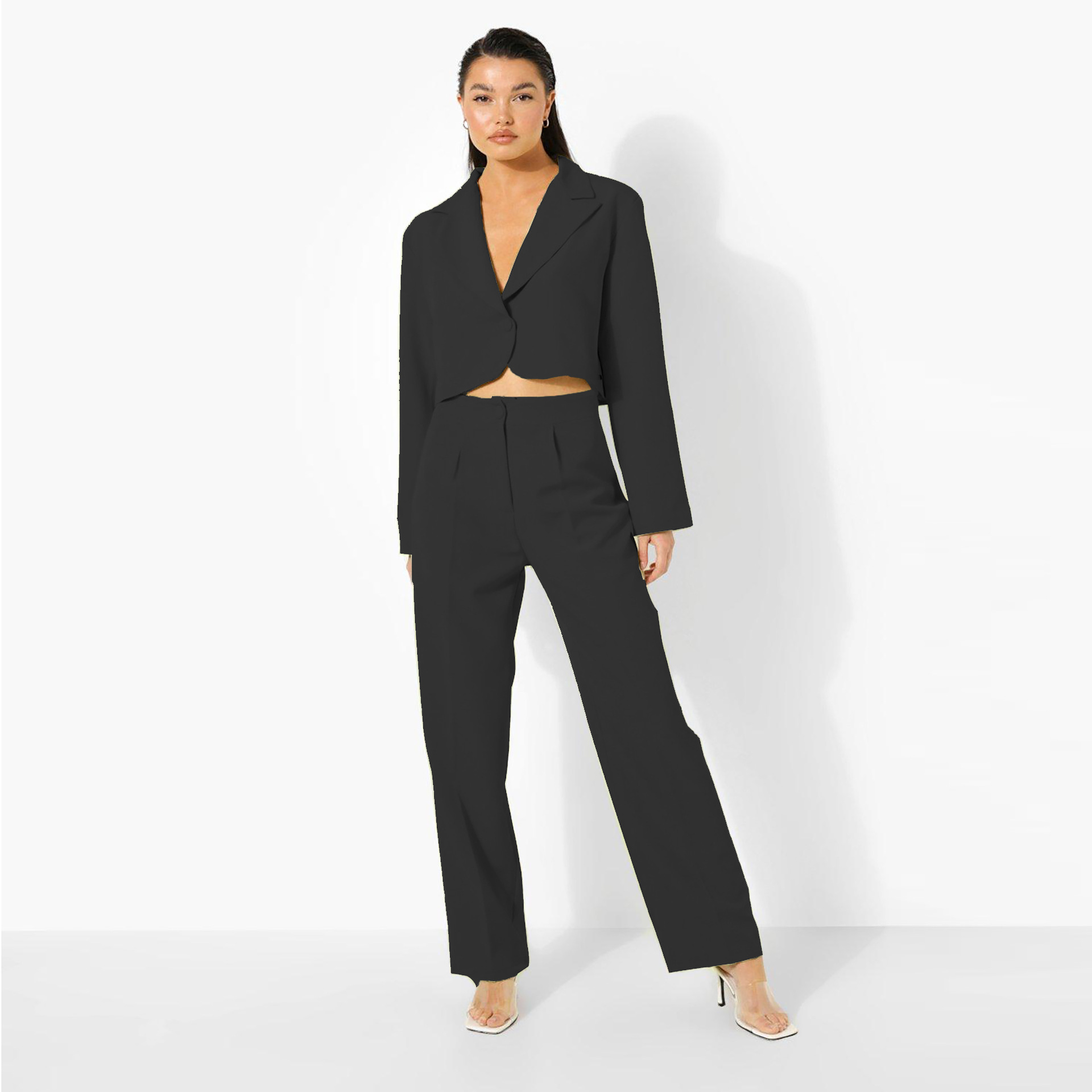 Plus Size Solid Color crop suit jacket and high waist Pants Two-piece Set NSHBG137722