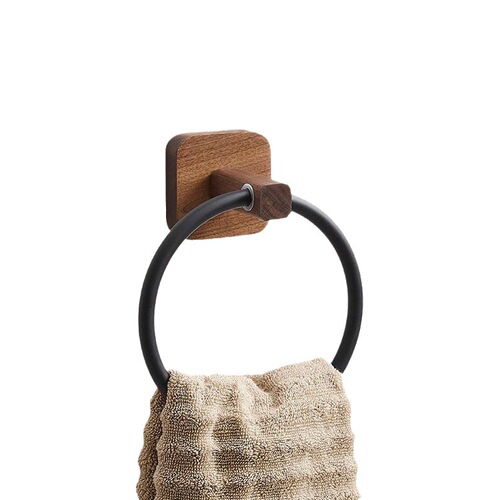 Walnut punch-free towel ring bathroom toilet solid wood round towel rack creative hanging rack storage rack