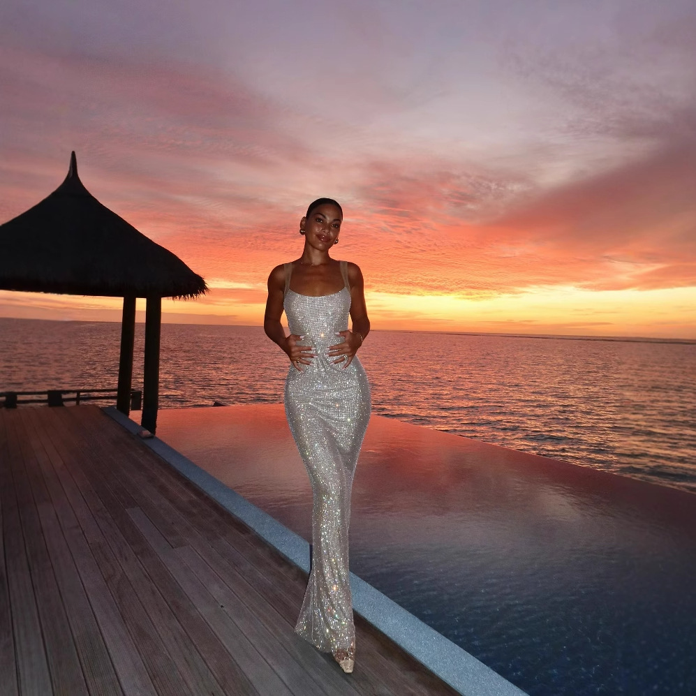 Light Luxury French Style Royal Sister Heavy Industry Hot Drilling Super Flash Strap dress Fashion Sexy Hot Girl Backless Dinner Dress