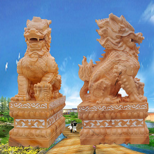 Evening red stone carving Kirin a pair of courtyard hotel villa door decoration white marble animal sculpture ornaments