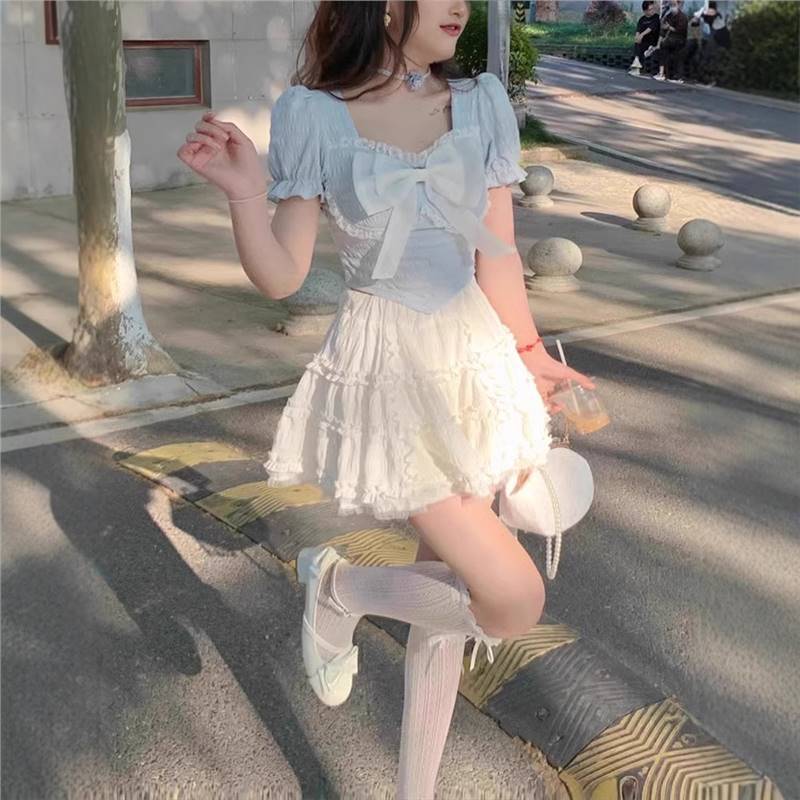 【两件套装】夏季新款蝴蝶结褶皱花边上衣+蛋糕裙高腰a字半身裙女