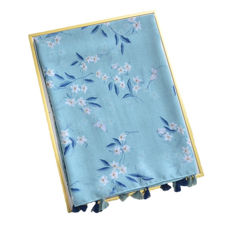 Primavera y verano nuevo artístico fresco azul claro protector solar chal Toalla de playa japonés y coreano exportación única bufanda de seda para las mujeres