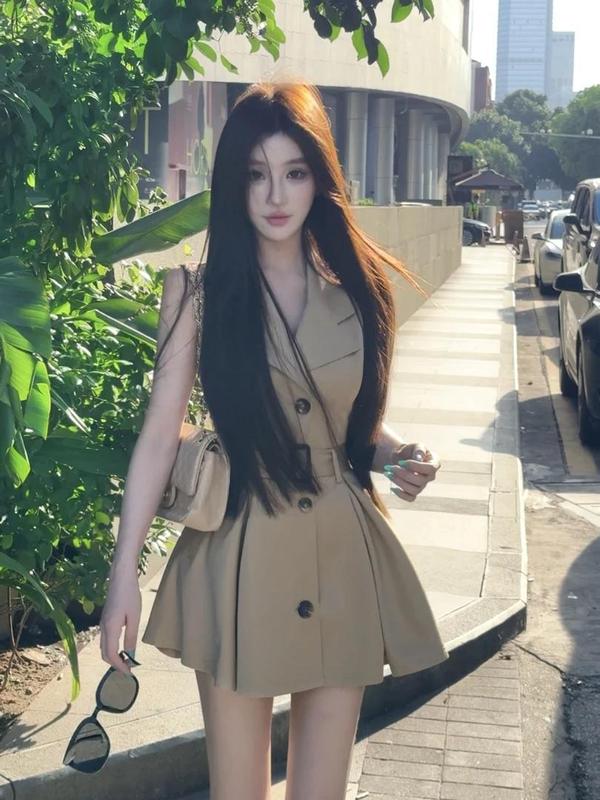 韩版轻奢风洋气收腰百搭西装领无袖连衣裙女2025夏季新款时尚裙子|undefined