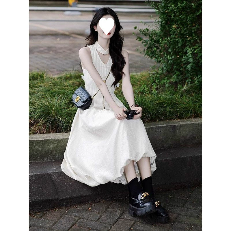 Новое жаккардовое белое платье с v-образным вырезом в китайском стиле для женщин летом, крутая и уникальная юбка без рукавов с затягиванием талии