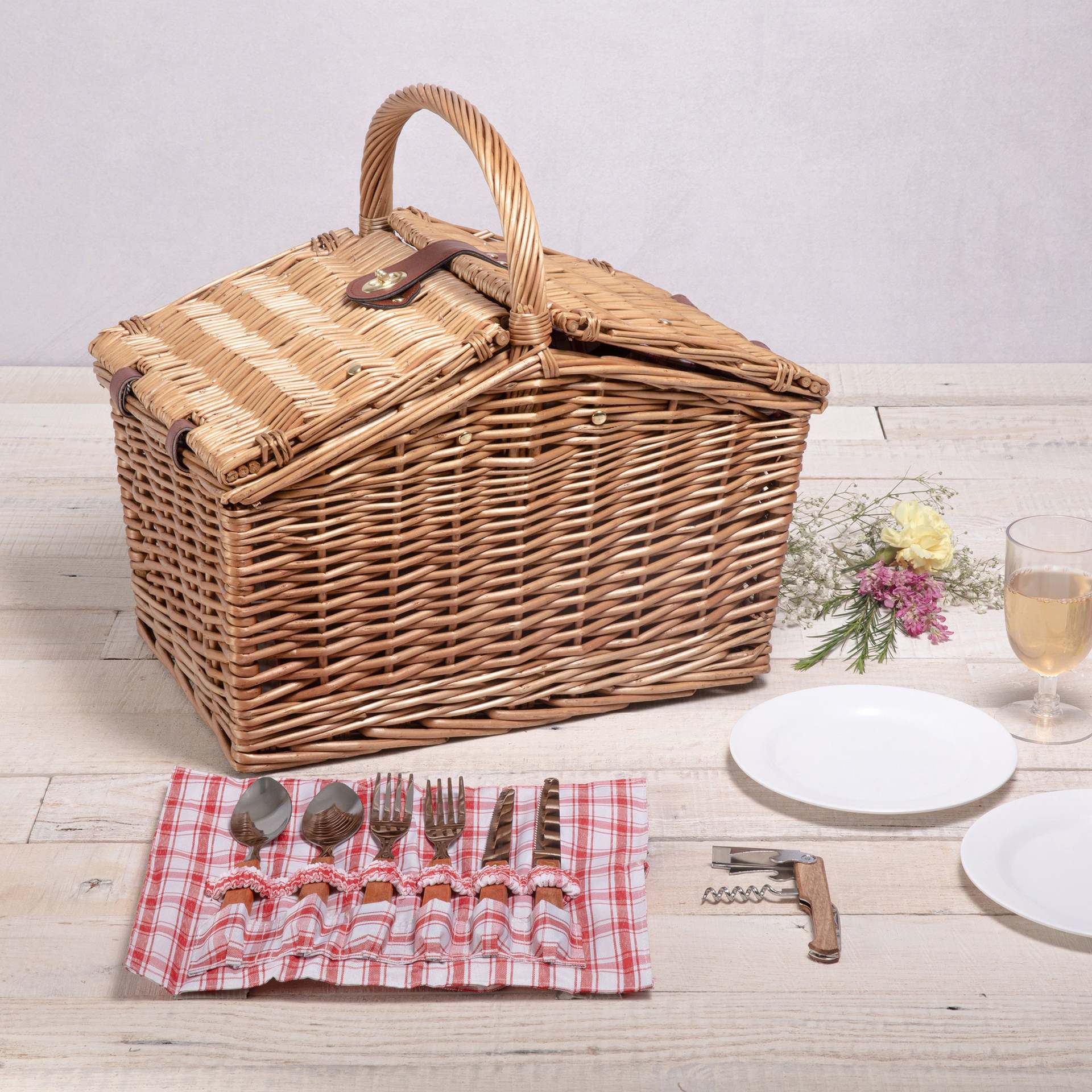 Cesta de picnic de mimbre personalizada de comercio exterior Cesta de regalo con vajilla Cesta de forma especial Cesta de frutas Cesta de picnic de ratán de mano pastoral