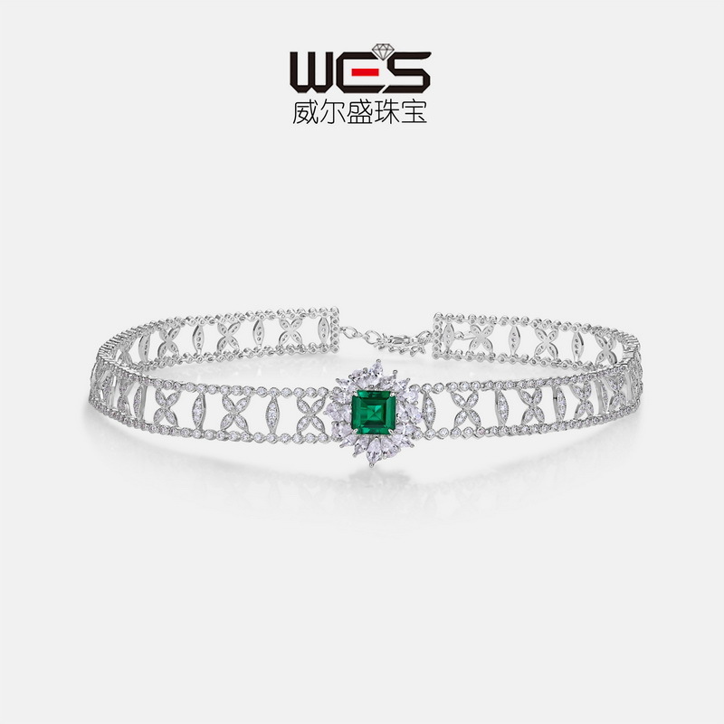 Nuevo diseño transfronterizo de la industria pesada para cultivar esmeraldas Collar de color zambiano S925 de plata para cultivar tesoros de color, lujo ligero