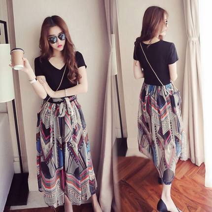 Korean style women's clothing 2023 summer floral chiffon V-neck high waist long short sleeve dress slimming Hawaiian beach