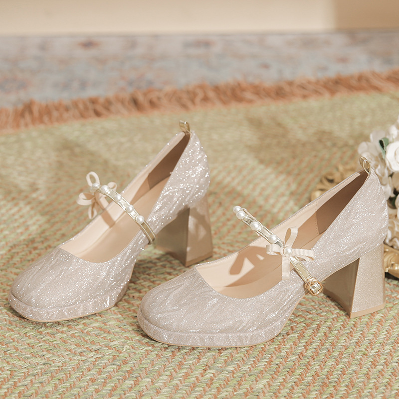 2026 Autumn/Winter New Pearl Bow Chunky Heel Comfortable Shoes for Women, Suitable for Both Wedding and Casual Wear