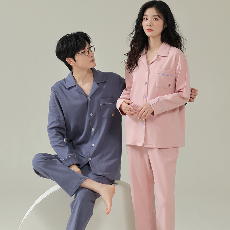 Autumn and winter men's and women's pajamas cardigan long sleeve loose cotton couple home wear spring and autumn suit can be worn outside