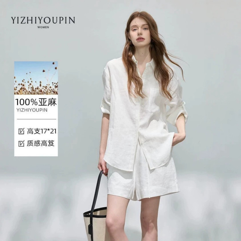 Linen Old Money Style Natural Breathable Shirt and Shorts Set for Women, New Summer Design, Casual Two-Piece Set