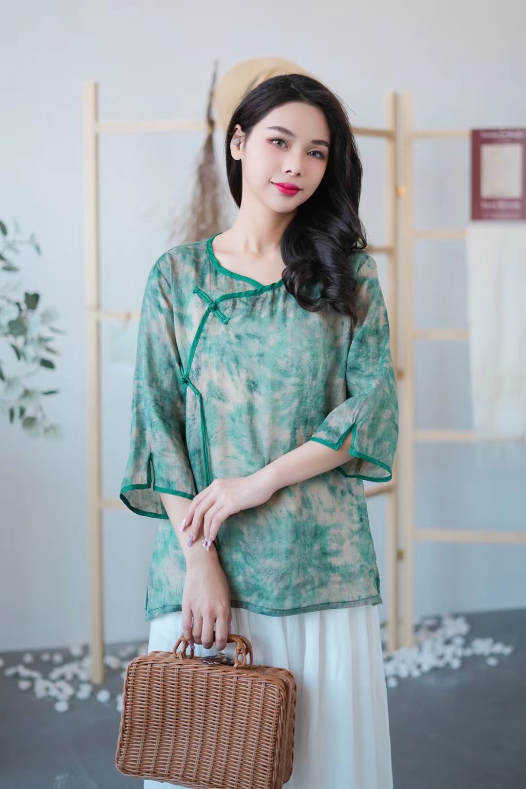 茶服女中式2023苎麻数码印花五分袖民族风复古衬衫夏上衣