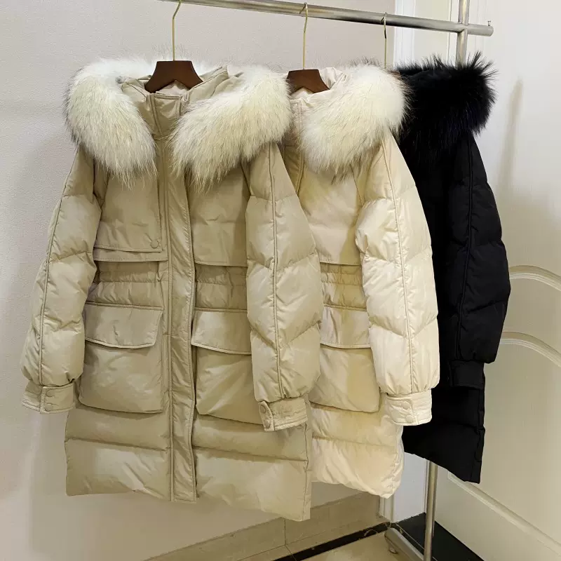 平湖白鸭绒羽绒服女高级感中长款冬季外套十三行大牌女装尾货批发