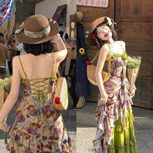 【ALITTLE 乱糟糟】“绿野玫瑰岛”油画风层层叠叠碎花长裙三件套
