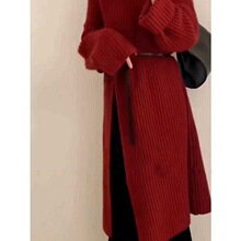 圣诞过年红裙子中长款毛衣针织开叉连衣裙女加厚战袍2025新年秋冬