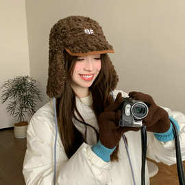 韩版羊羔毛护耳帽女冬季保暖加厚毛绒雷锋帽百搭字母刺绣防寒冷帽