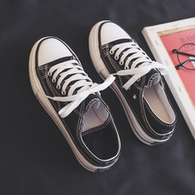 一件代发2024春季韩版厚底增高帆布鞋踩跟半拖鞋百搭休闲懒人鞋潮