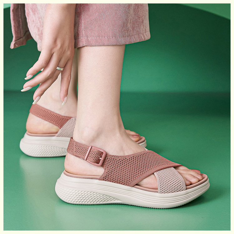 Sandal nữ quai chéo dệt kim phối dây rút, đế MD nhẹ êm — màu be, màu đen, xanh lam, màu hồng chi tiết 12