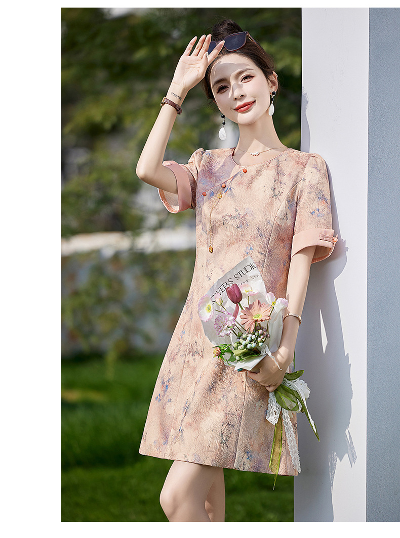 Váy sườn xám cải tiến phong cách Trung Quốc mới, thiết kế chữ A thanh lịch, mùa hè — Màu hồng, Màu xanh lá chi tiết 20