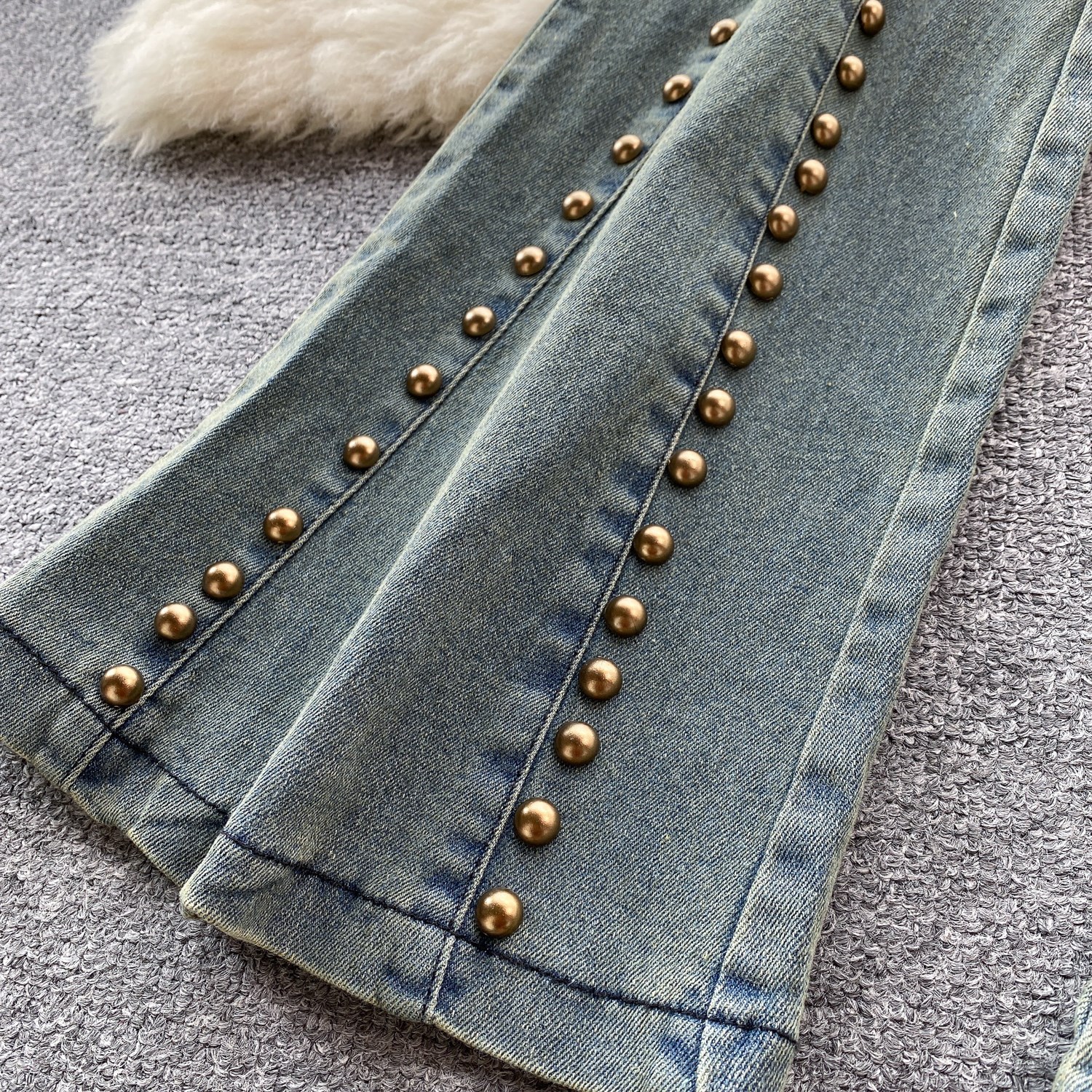 Women's Slimming Beaded Denim Suit Sexy Strapless Top High Waist Slightly Flared Length Retro American Two-Piece Outfit_ecoleips.com