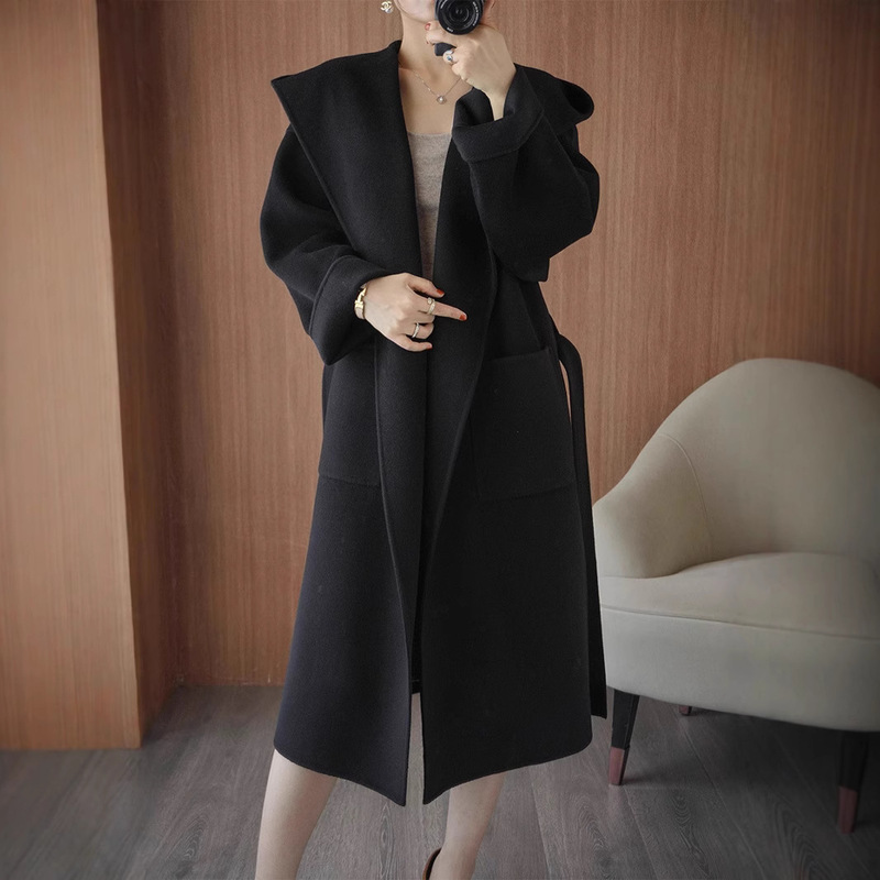 Women's Hooded Double-Sided Wool Coat with Pocket Loose Casual Elegant Simple Fashion All-Match Lace-Up Jacket
