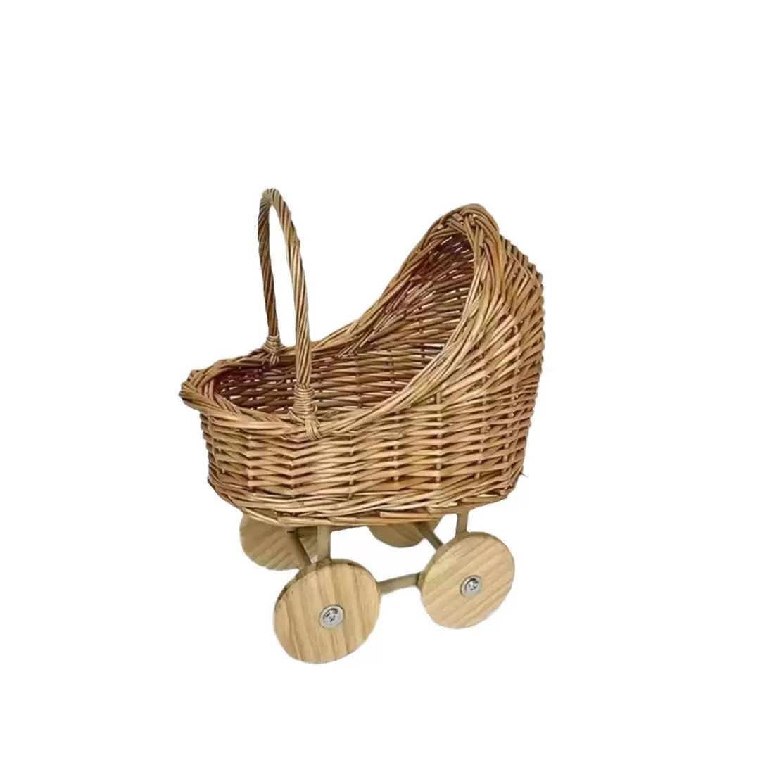 藤编推车鲜花布置毛绒玩具收纳筐儿童户外拉杆小推车花篮布景