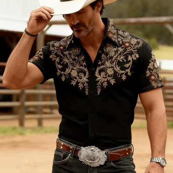 Summer Men's Western Retro Shirt with Floral Print on the Shoulders, Slim-Fit Short-Sleeve Shirt, Four-Way Stretch, Non-Iron Shirt Summer Men's Western Retro Shirt with Floral Print on the Shoulders, Slim-Fit Short-Sleeve Shirt, Four-Way Stretch, Non-Iron Shirt