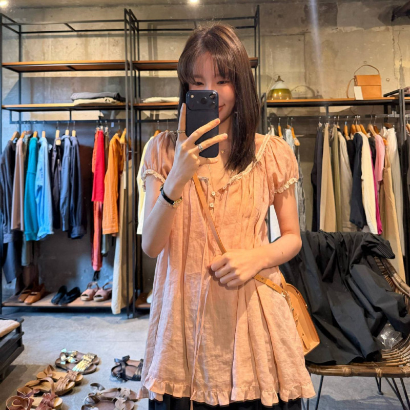 Pre-Sale 2026 Summer New Korean Style F*Ermata Ramie Lace-Up Half-Button Lace Short-Sleeve Top Shirt