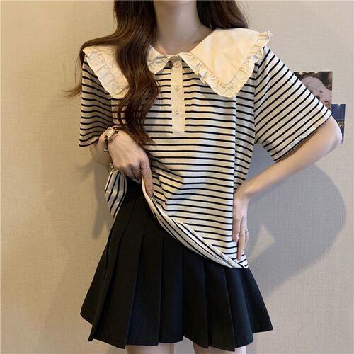 Large size fat baby collar stripe ruffled short-sleeved shirt for women, loose slimming belly-covering top for women, 2- 300kg