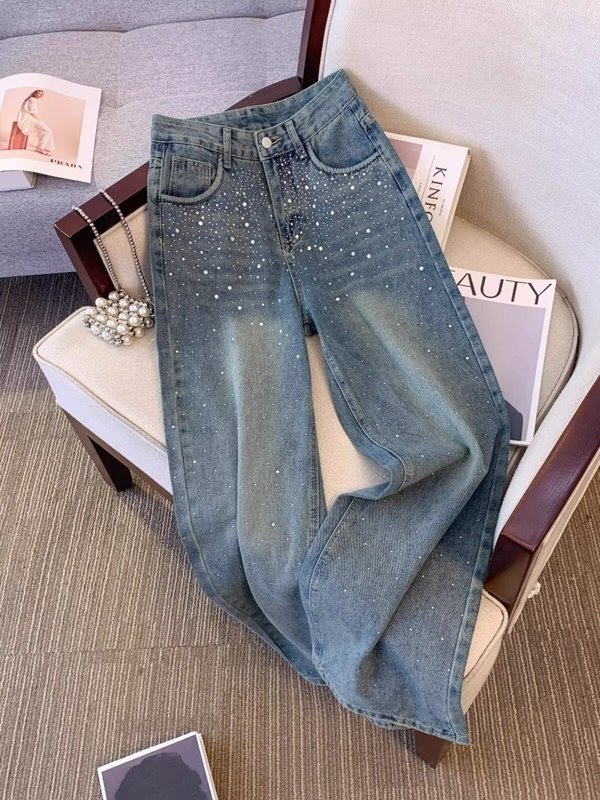 重工のホットドリルのワイド脚のジーパンの女性の秋の高い街のinsの潮の高い腰のペンダント感のゆったりしたストレートのモップのズボン|undefined