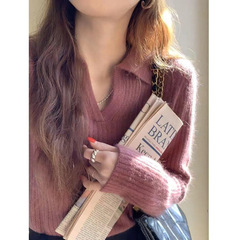 日系复古polo领针织衫女秋冬设计感小众软糯打底毛衣内搭翻领上衣