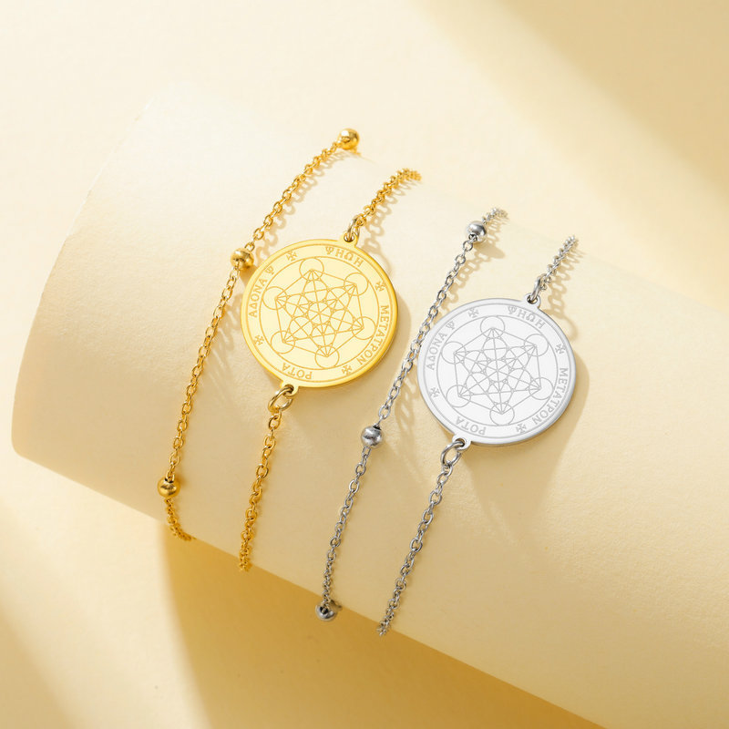 Cross-border best-selling electroplated vintage stainless steel bracelet with a Metatron's Cube six-pointed star pendant and adjustable cord Cross-border best-selling electroplated vintage stainless steel bracelet with a Metatron's Cube six-pointed star pendant and adjustable cord