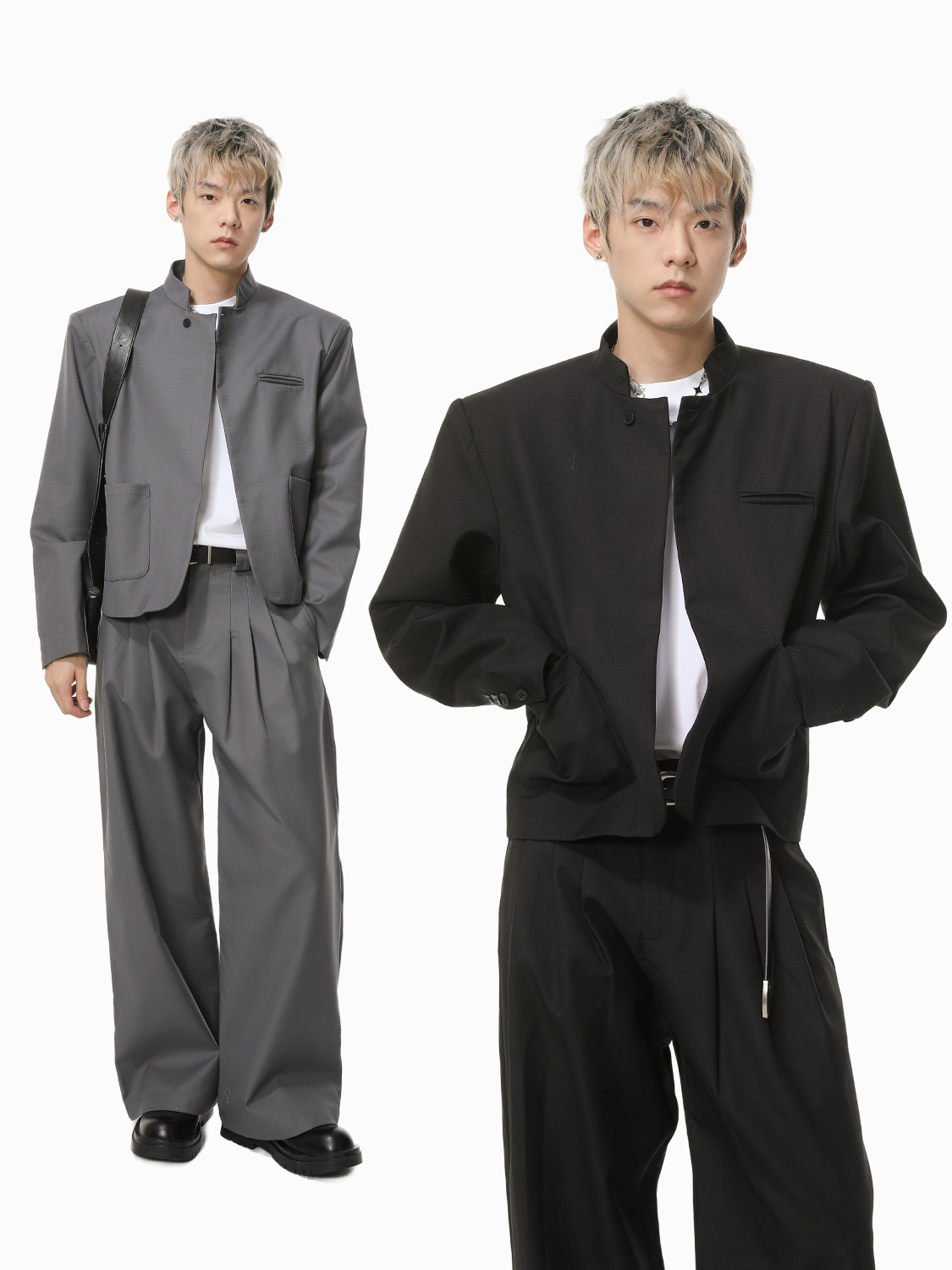 MTLCLOTHES Hombres| Chino corto de hombro con chaqueta de botón único, pantalones largos con piernas anchas y colgantes, conjunto de textura casual