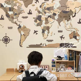 【跨境爆款】3D原木色世界地图拼图墙面壁装饰品挂件墙体worldmap