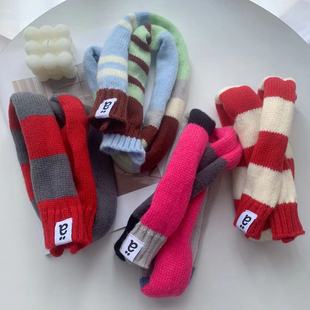 European and American style color stripe stitching contrast color fine baguette small scarf spring and autumn sausage scarf niche knitted wool