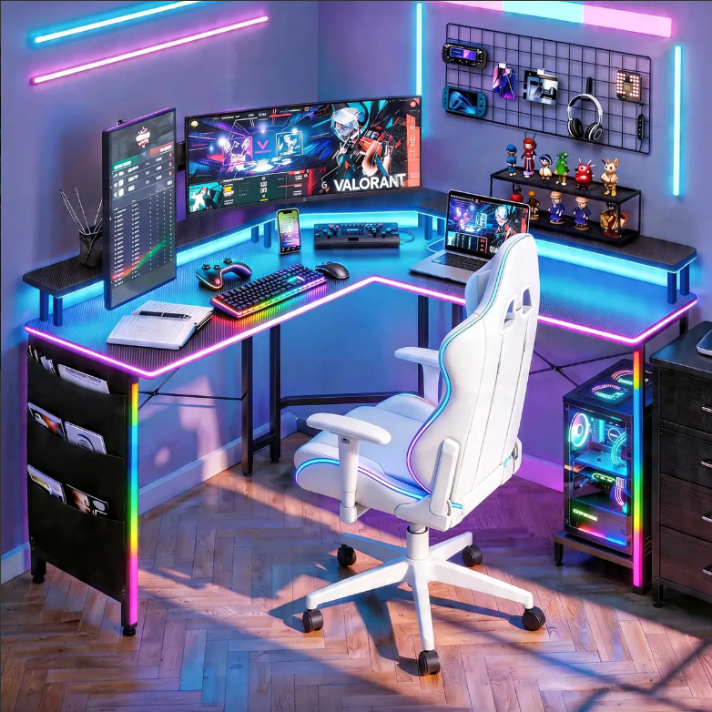 Fashionable Gaming Desk with Led Lights, Popular Live Streaming Desk, Home Office Desk, Elevated Stand, Headphone Stand, L-Shaped E-Sports Desk