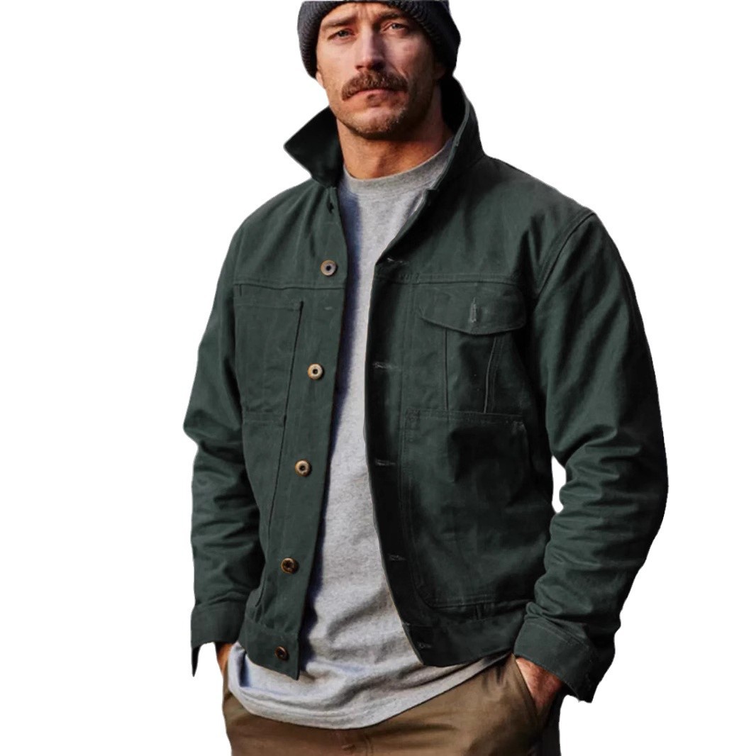 2025 primavera nueva chaqueta de hombre Amazon botón múltiple bolsillo europeo y americano chaqueta clásica retro independiente stand cardigan