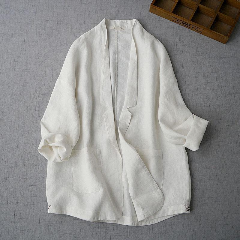 Extra Large Size Women's Fashionable Small Suit Women's Jacket Pure Lust Style Cotton and Linen Outer Wear Pure Color Long-Sleeved Tops for Women