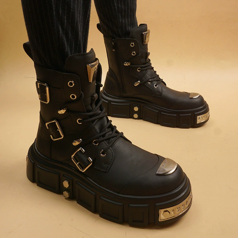 Новые осенне-зимние мотоциклетные ботинки для мужчин, стильные модные мужские ботинки с заклепками и внутренним утолщением, высокие кожаные ботинки на толстой подошве.