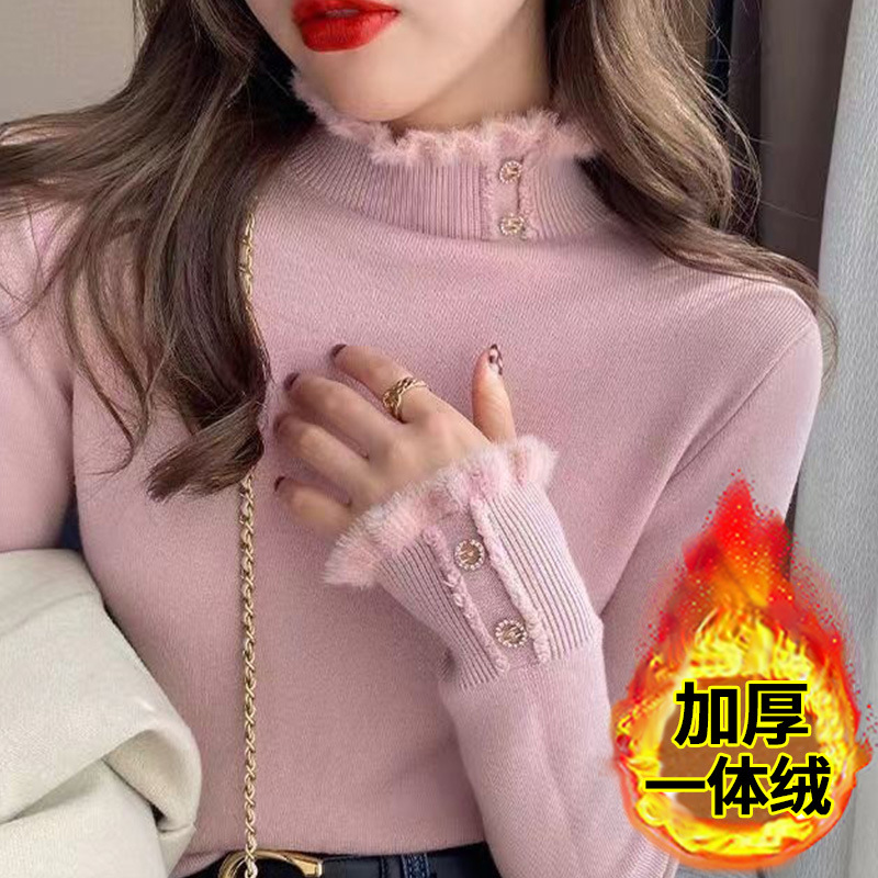 [シープカシミア] カシミアレディースセーター、ハーフタートルネック、ベルベット厚手セーター、暖かいオールインワンベルベットインナー、ウールボトムシャツ