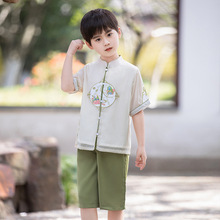 儿童汉服套装夏季男童中国风改良水墨画唐装两件套男孩古装演出服