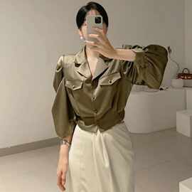 已出货尺码更新韩国chic早春西装领泡泡袖衬衫女宽松短款显瘦衬衣