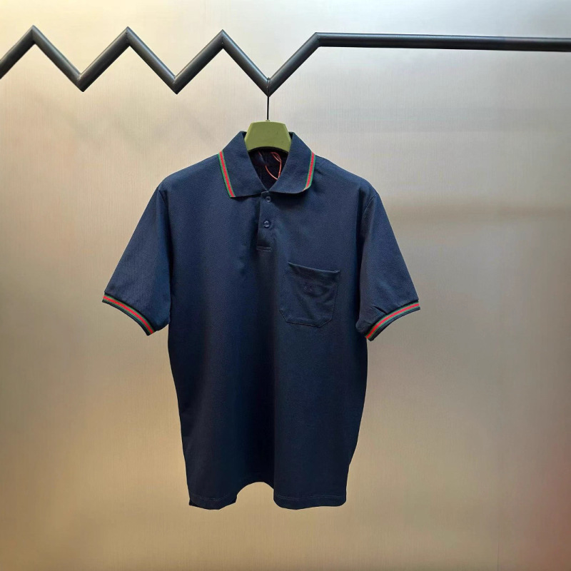 Men's Polo Shirt with Contrasting Red and Green Stripes on the Chest Pocket, Cuffed Collar, and Short Sleeves Men's Polo Shirt with Contrasting Red and Green Stripes on the Chest Pocket, Cuffed Collar, and Short Sleeves